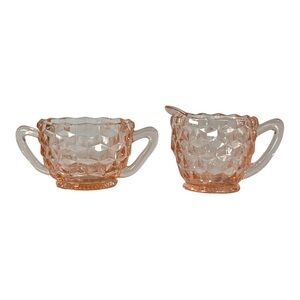 Vintage 1930's Jeannette Pink Glass Creamer Sugar Bowl Depression Cube Cubist